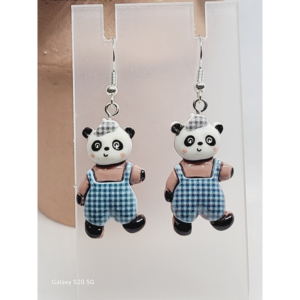 Panda Bear Earrings Blue Gingham Overalls Plaid Hat Animal Drop Dangle‎ Hook